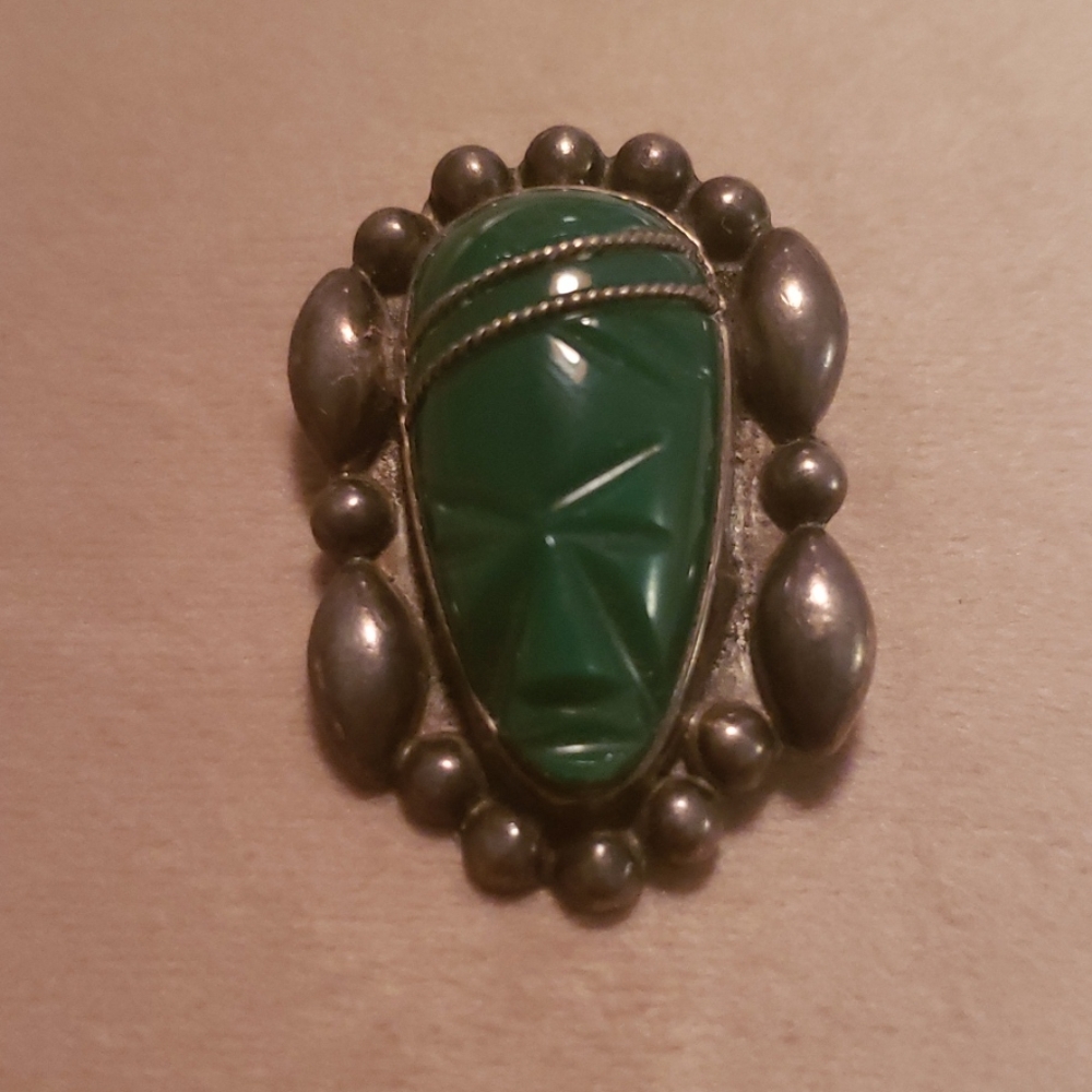 Mexican Silver Brooch with Green Stone